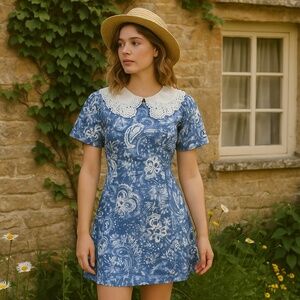 90s Abstract Mini Dress Short Sleeve Fitted Fit & Flare Paisley